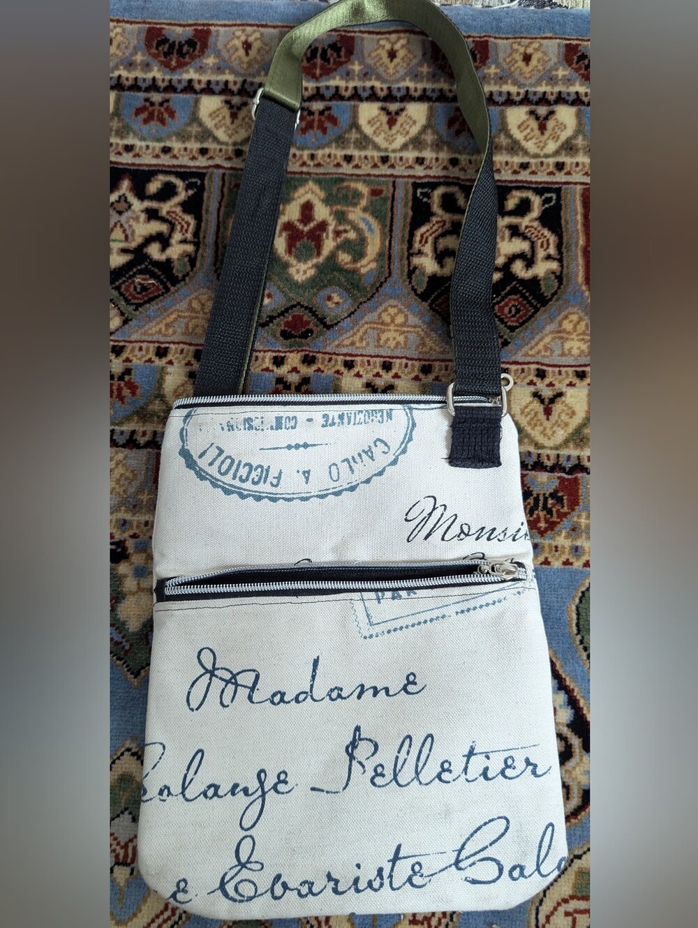 Canvas Crossbody Bag in Cream with Navy Script